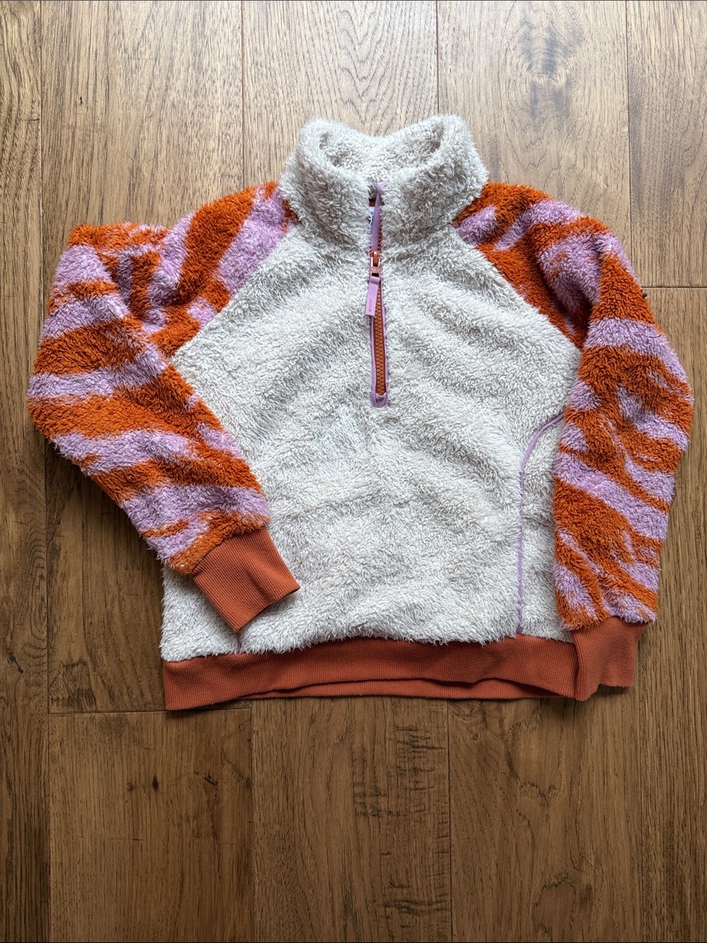 Athleta Cream Sherpa Pullover with Orange and Lavender Stripe Sleeves